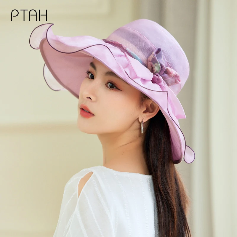 

[PTAH] Spring Hats Women Summer Caps Temperament 100% Mulberry Silk Hats Lightweight Sun Protection Breathable Beach Hats Female