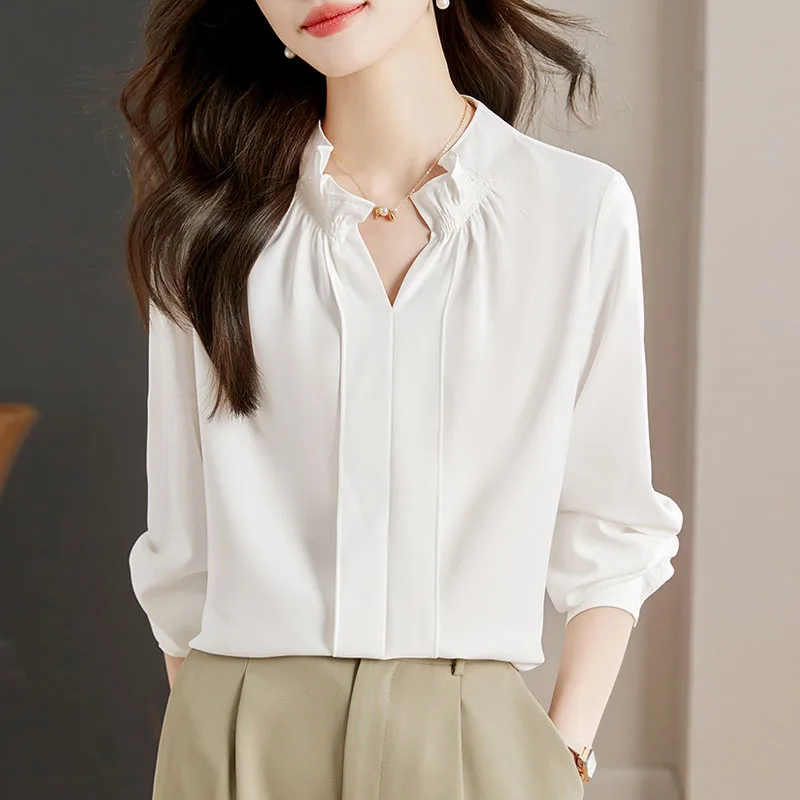 Новая женская блузка с длинным рукавом белая черная шифоновая v-образным вырезом