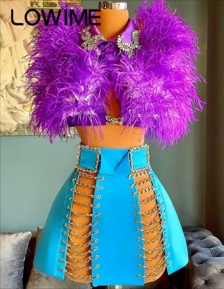 

Suits Fashion Girls Short Prom Dresses Luxury Feathers Sexy Two Pieces Shirt Skirt Stage Edgy Outfits Party Night Club Gowns