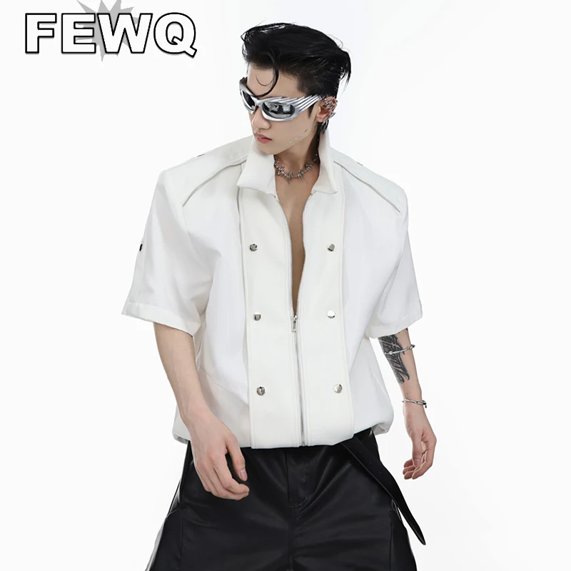 

FEWQ High Street Men's Shoulder Pad Jackets Niche Metal Rivet Short Sleeve Zipper PU Leather Spliecd Tops Summer 2023 Chic 9C763