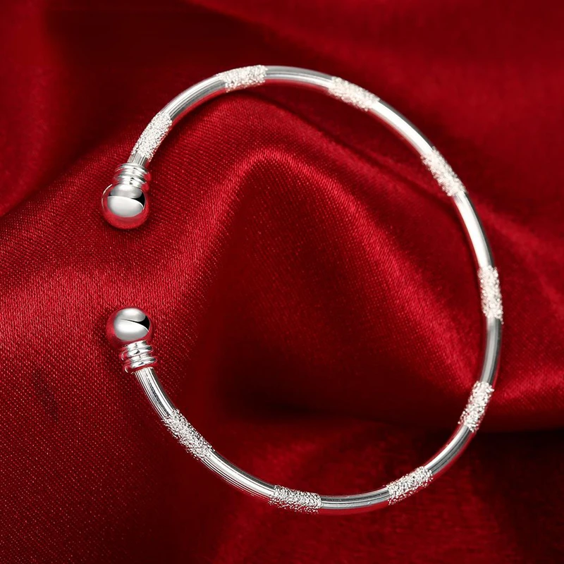 

925 Silver Double Bead Frosted Bracelet Bangle for Women Fashion Jewelry Gifts with Delicate Box