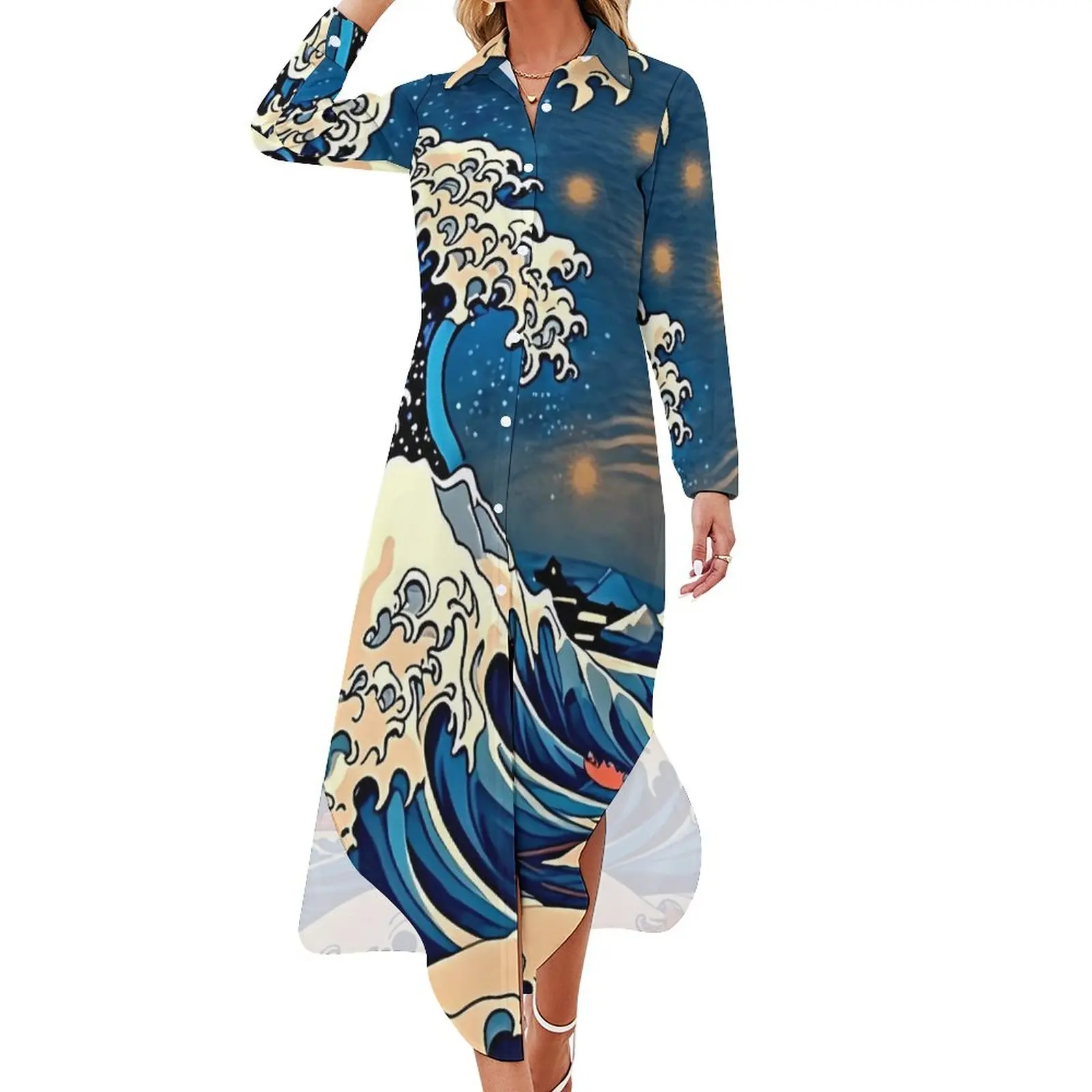 

The Great Wave Casual Dress Waves Print Street Wear Dresses Long Sleeve Trendy Female V Neck Design Big Size Chiffon Dress