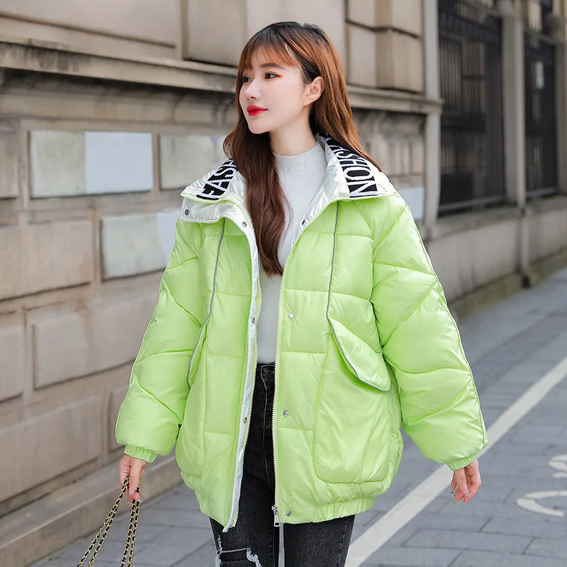 

2021 Female Autumn Winter Casual Short Glossy Stand Collar Coat Women Loose Bubble Coats Thick Letters Embroidery Puffer Jackets