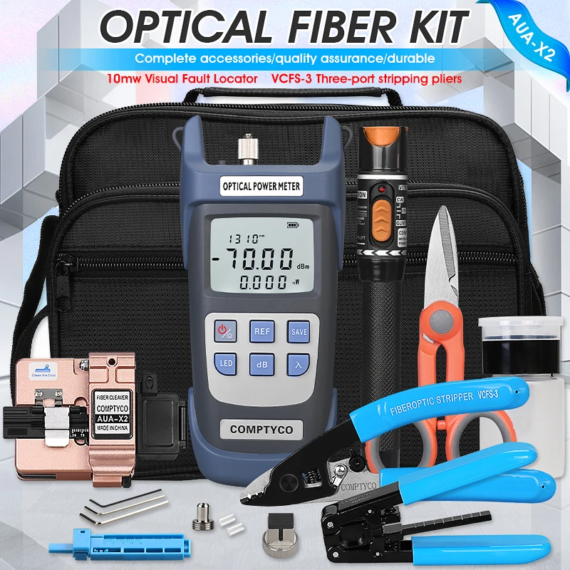 FTTH Fiber Optic Cold Splicing Kit Set Three-port Nomiller Pliers AUA-X2 Cutting Knife Red Light Pen Optical Power Meter