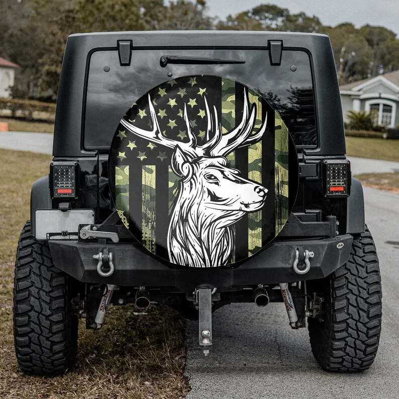 

Whitetail Buck Deer Hunting American Camouflage Gift For Jeep Lover, Spare Tire Cover For Car, Personalized Camper Tire Cover,