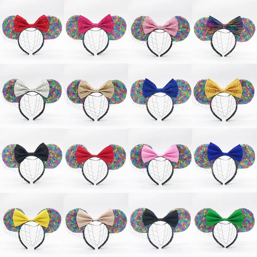 

5PCS Disney Mickey Mouse Ears Headband Colorful Sequin Bow Fashion Headband Mickey Minnie Party Hair Accessories