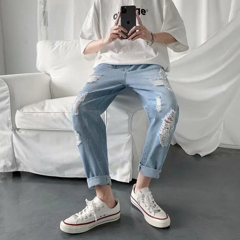 Summer Hong Kong Style Pants Men's Korean-Style Jeans Men's Loose Straight Ripped Cropped Pants Elastic Waist All-Match Fashion