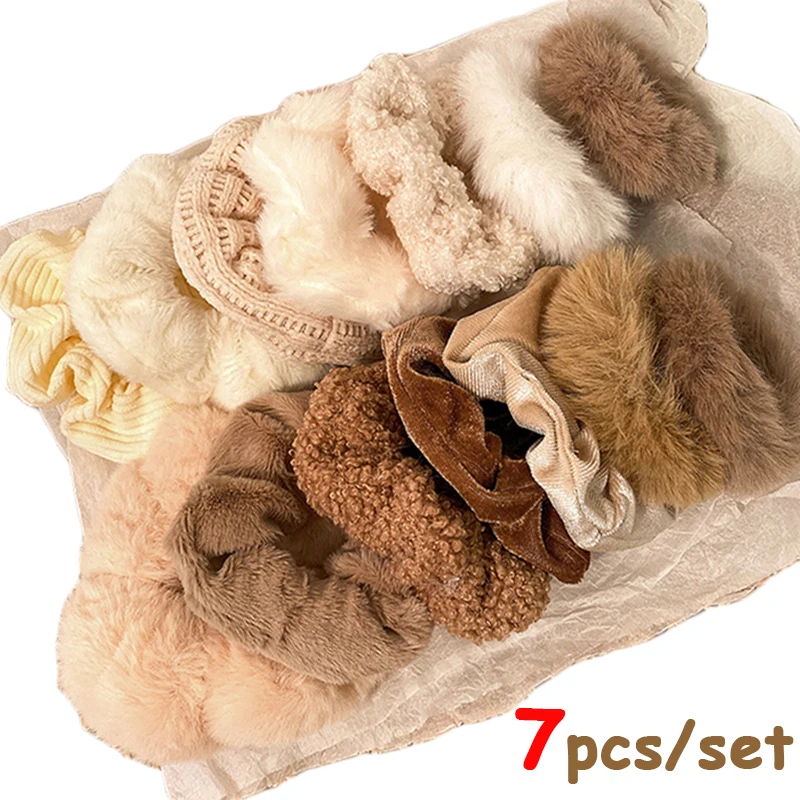 

7pcs/set Winter Plush Velvet Hair Rins Women Ins Fluffy Hair Bands Scrunchy Ponytail Holder Rubber Band Hair Ties Rope Headwear