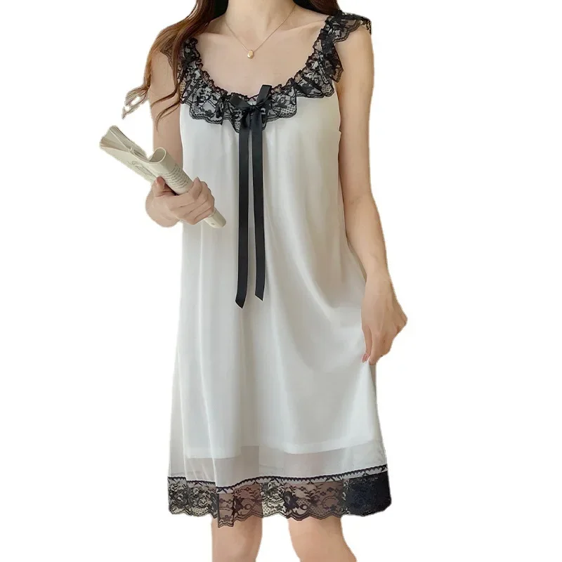 Пижама женская кружевная без рукавов пикантная ночная рубашка из чистого хлопка