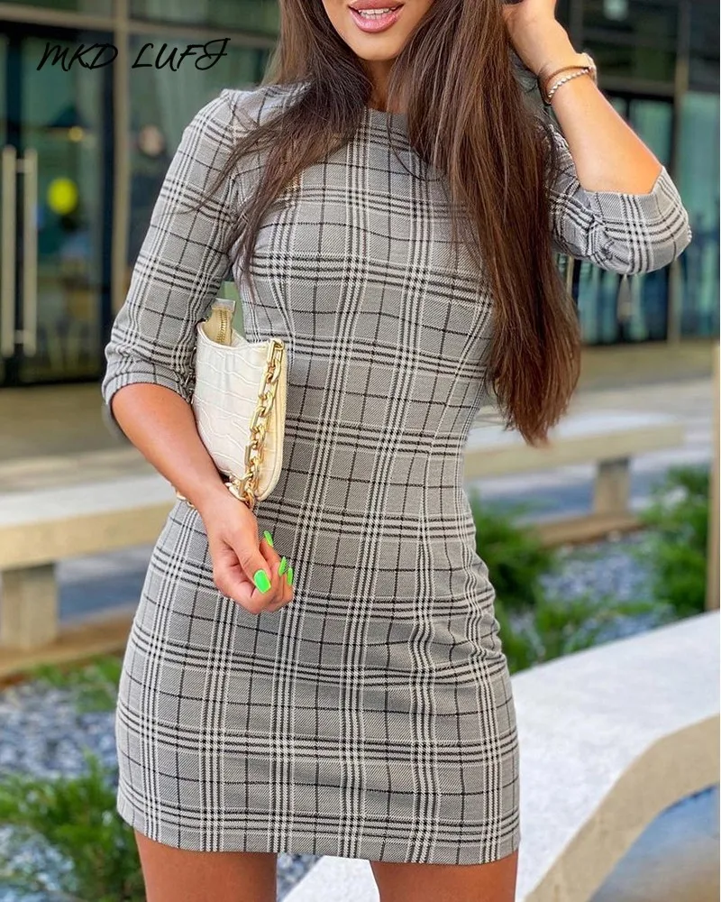 

MKD LUFI Plaid Print Half Sleeve Skinny Work Dress Women Elegant Casual Mini Bodycon Dress