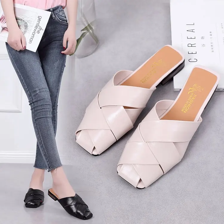 

Slippers Casual Shoes Slipers Women Slides Cover Toe Low Loafers Luxury 2022 Soft Flat Rome Hoof Heels PU Fabric Basic Leisure