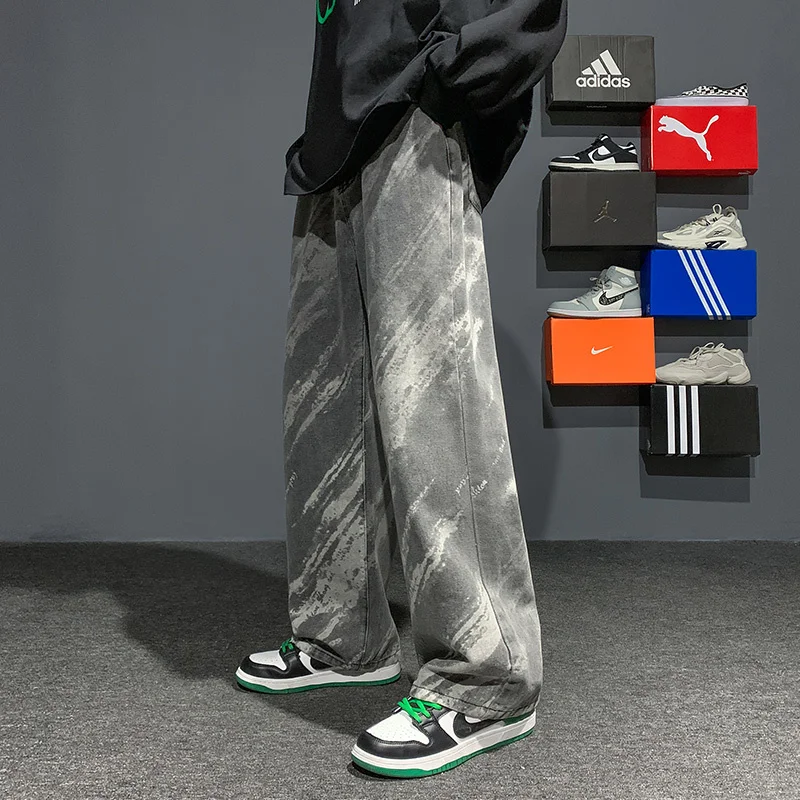 Blue Black Tie Dye Jeans Men Fashion Retro Casual Straight Jeans Men Streetwear Hip Hop Loose Denim Pants Mens Trousers M-3XL