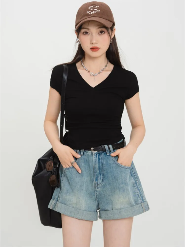 

2023 сексуальный эстетичный Топ, женский эластичный облегающий топ с коротким рукавом и V-образным вырезом, корейская мода, трикотажные спорт...