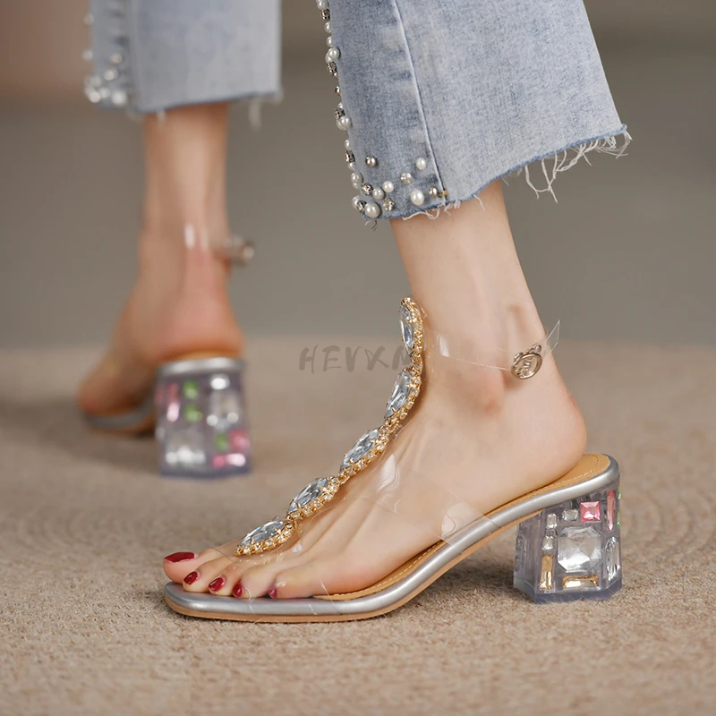 

Lady High Heels Shoes Sexy Women Party Shoes Design Rhinestone PVC Transparent Stiletto Sandals Shoes Crystal T-Strap Square Toe
