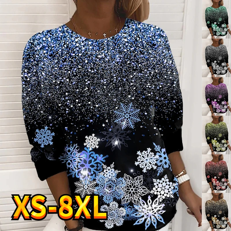 

Women's T shirt Tee Christmas Snowflake Sparkly Painting Holiday Weekend Long Sleeve Print Round Neck Basic Essential XS-8XL