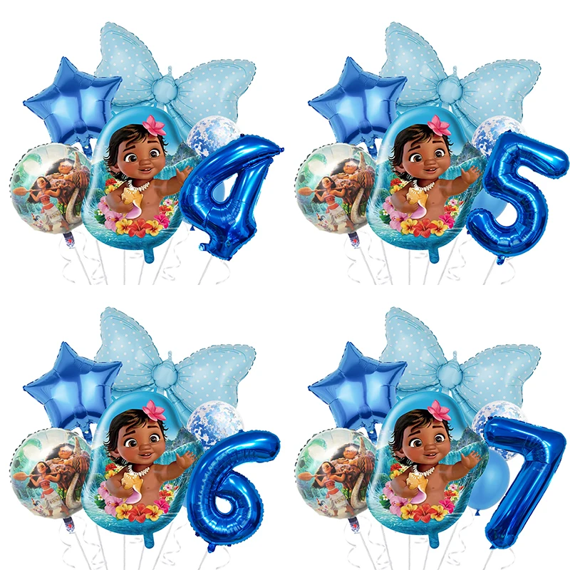 7PCS Moana Baby Theme Balloon Girl Birthday Party Decor Kids Blue Balloon 1 2 3 4 5 6 7st Baby Shower Supplies Kids Toys Globos