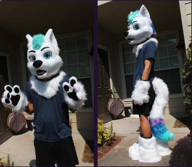 Halloween Long Fur Husky Dog Fox Fursuit Furry Mascot Head Tail Gloves Suit Cosplay Fancy Dress Adult Outdoor Outfit Fur suit