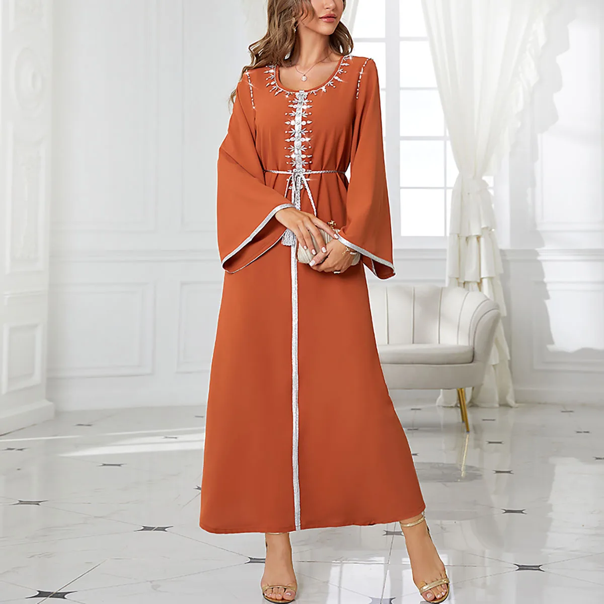 New Arrival Women Round Neck Symphony Rhinestone Middle East Kaftan Dress Abaya
