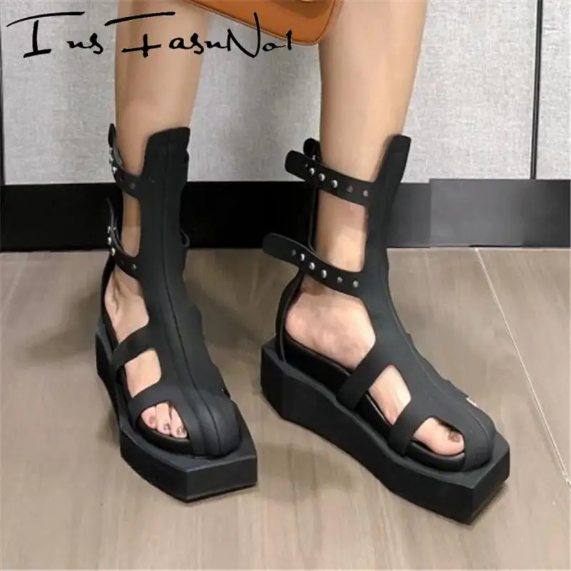 Ботильоны женские из натуральной кожи ажурные полусапожки на платформе и