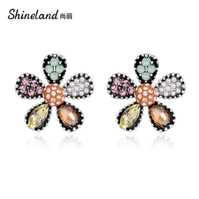 

Bohemain Flower Colorful CZ Zircon Simulated Pearl Stud Earrings pendientes oorbellen boucle d'oreille Ethnic Women