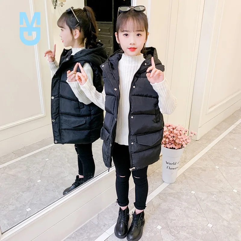 

New Autumn Winter Children Mid-length Sleeveless Down Cotton Jacket Kids Casual Hooded Waistcoat Girls Thick Warm Long Vest Outw