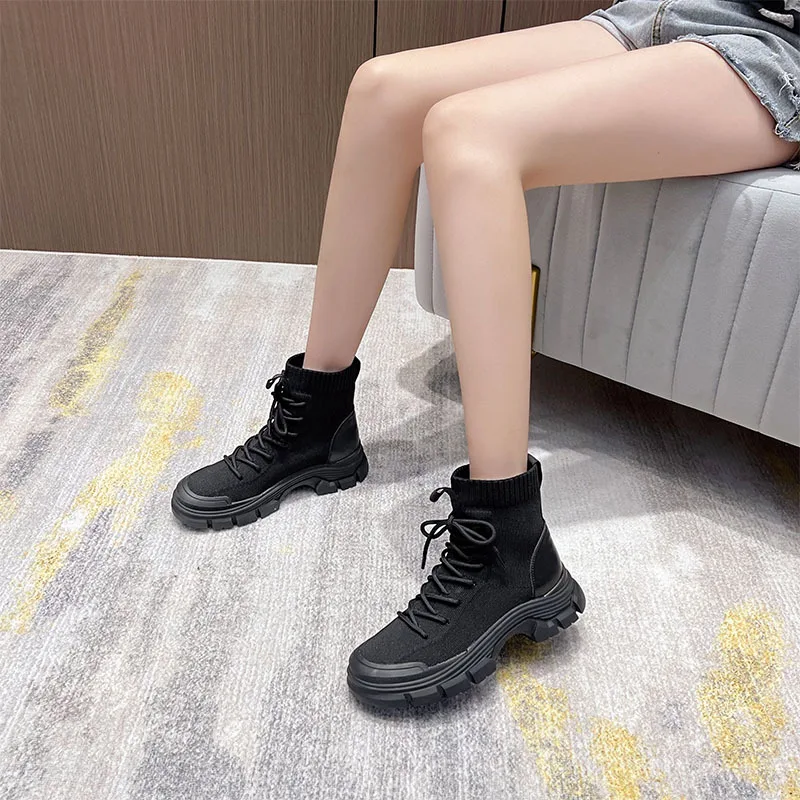 Knitted Fabric Ankle Boots Women Winter Autumn Platform Booties Chunky Elastic  Warm Plush Shoes Casual Short