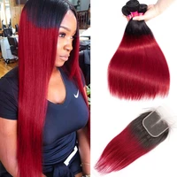 puromi straight bundles with closure 3pcslot remy brazilian hair weave bundles with closure color 1bburgundy human hair bundle