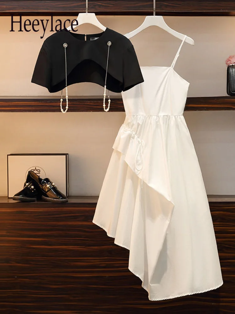 

Женский комплект из двух предметов, короткий черный топ и платье с асимметричными бретельками в готическом стиле, летний комплект одежды, 2022