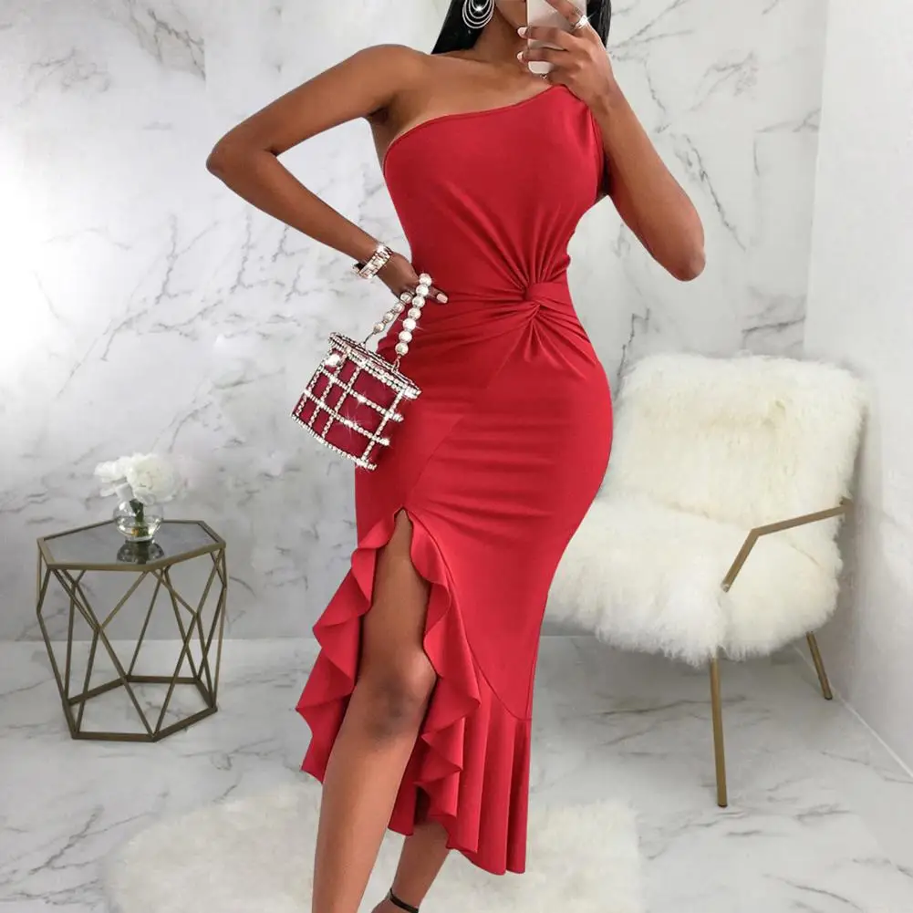 

vestidos Dress Pleated Irregular Hem Mid-claf Length Elegant Flounced Edge Bodycon One Shoulder Oblique Neck Party Dress Female