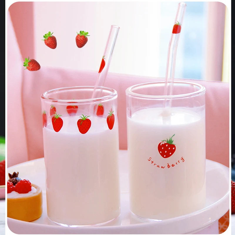 

300 ML High Borosilicate Nana Cute Strawberry Water Milk Drinking Glasses Cup with Straw Upgrade Thickened Version Gift