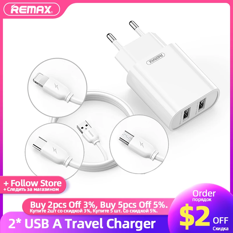

Быстрое зарядное устройство для телефона Remax 2 порта USB 12 Вт Адаптер ЕС Кабель 1 м для iPhone 11 12 13 Pro Max Samsung Xiaomi Micro Type-C Зарядка