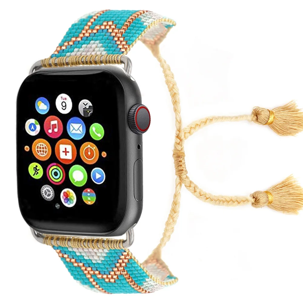 100% Rice Bead Manual Tassel Woven Strap for Watch Band National Fashion Style Suitable for Apple Watch 1-7 Series Wrist strap