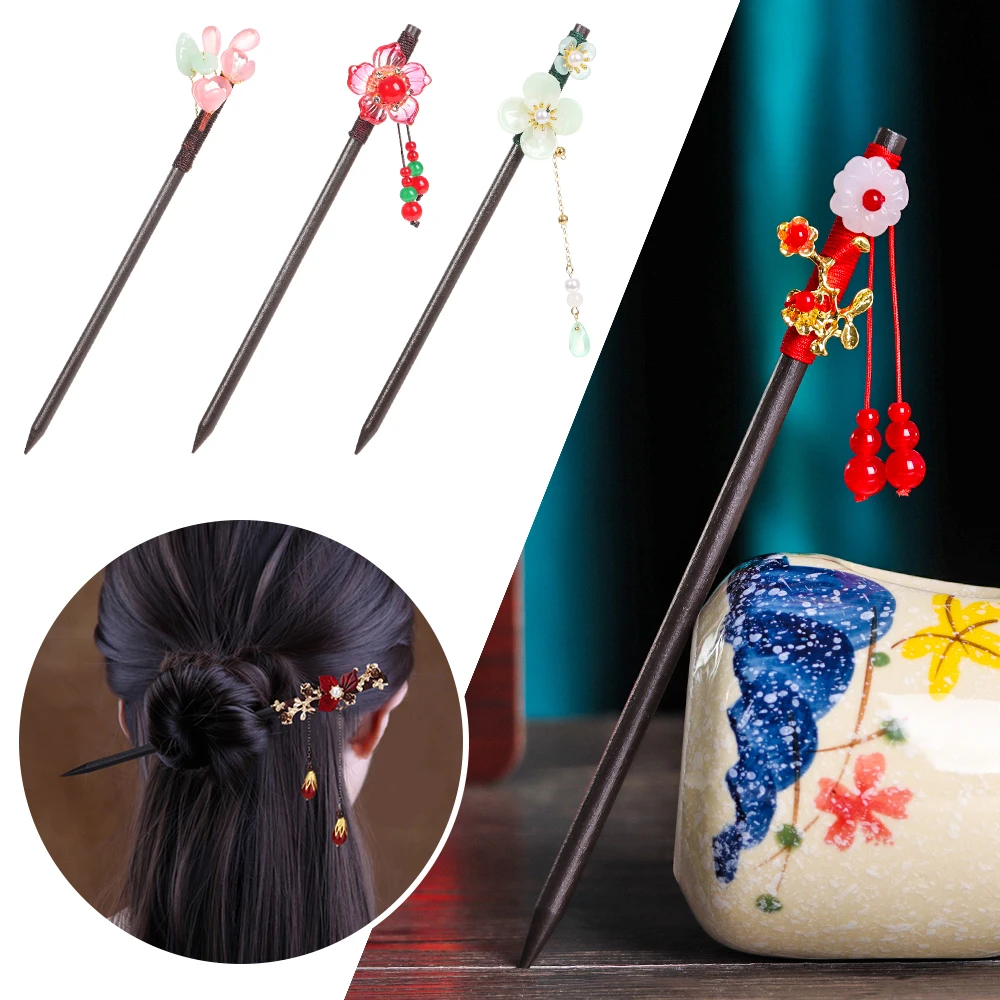 

Эбеновая кисточка ручной работы палочки для волос в стиле ретро Цветочная заколка для волос Инструменты для укладки волос изысканные аксессуары для волос