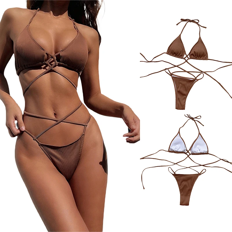 

Женский сексуальный комплект бикини, купальник, Женский однотонный бюстгальтер без рукавов с V-образным вырезом, летние пляжные стринги, ку...