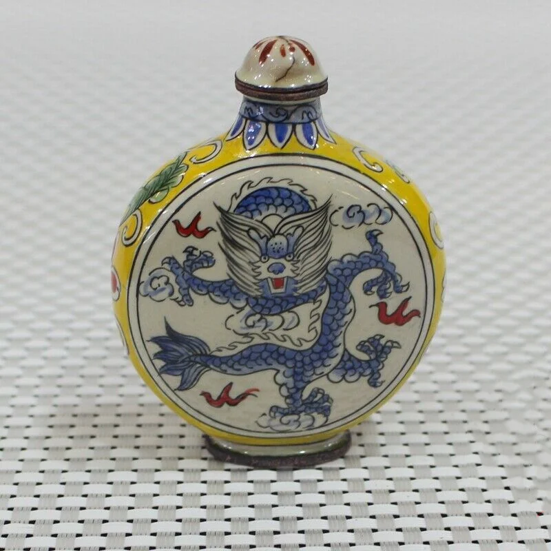 Китайская старинная разноцветная эмалированная бутылка для табака дракона с