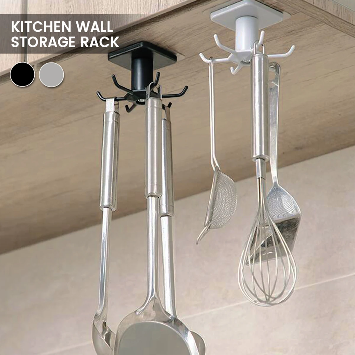 

360° Rotating Hook Rack with 6 Hooks Wall-Mounted Hanging Hook Self-Adhesive Under Cabinet Hanger Hook Rotating Shelf Organizer