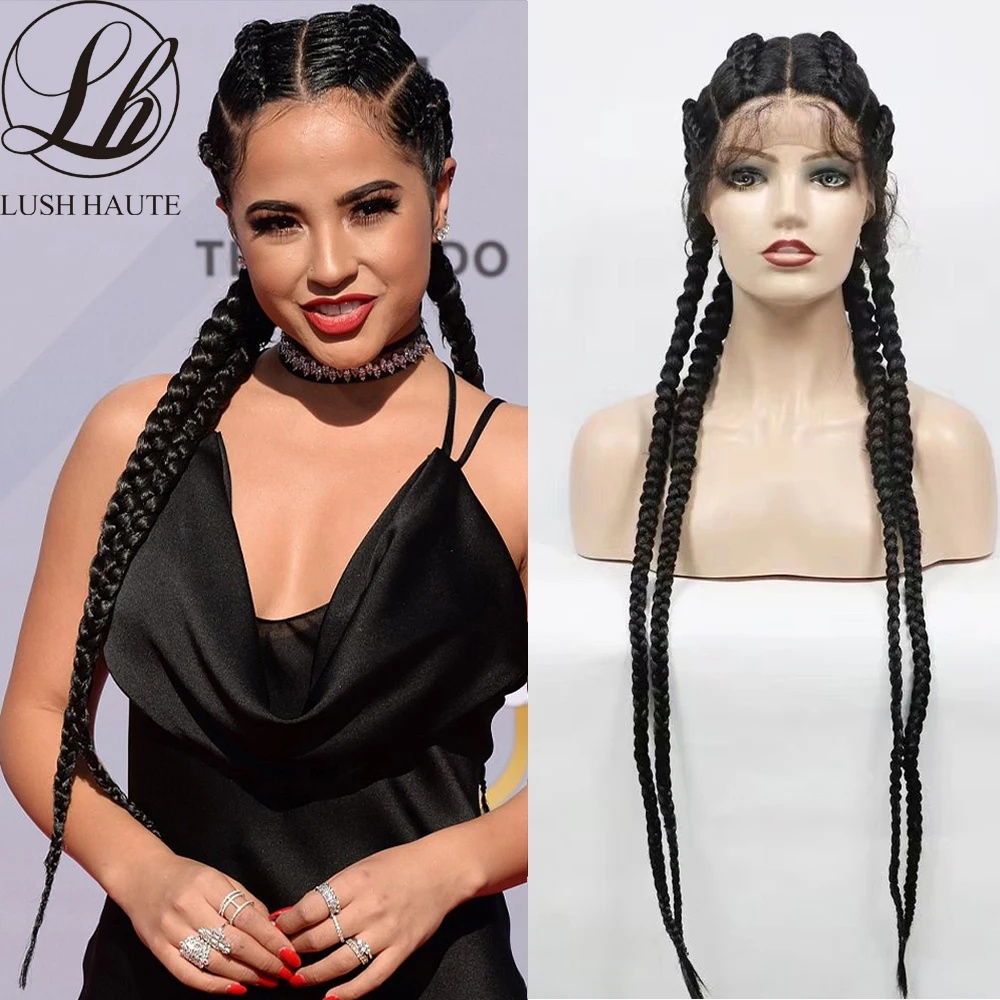 32 Inches Lace Front Braided Wigs With Baby Hair Black Double Dutch Box Braided Twist Synthetic Braids Wig For Black Women