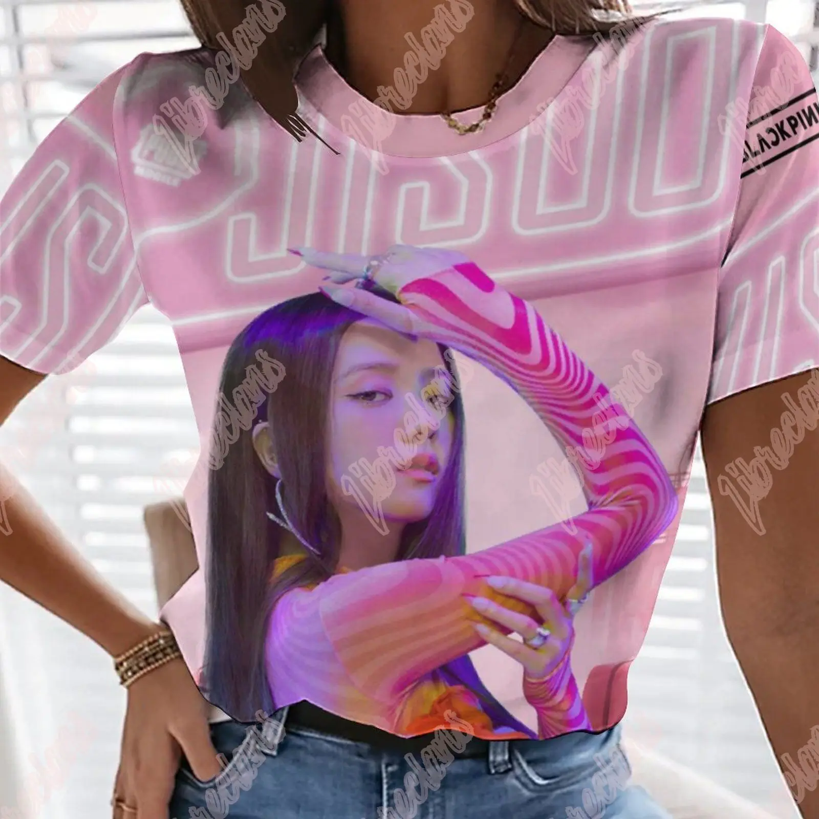 Camisetas con estampado 3D de la cantante coreana BP JISOO para mujer, ropa de calle de gran tamaño con estampado Kawaii de Kpop rosa, ropa de verano