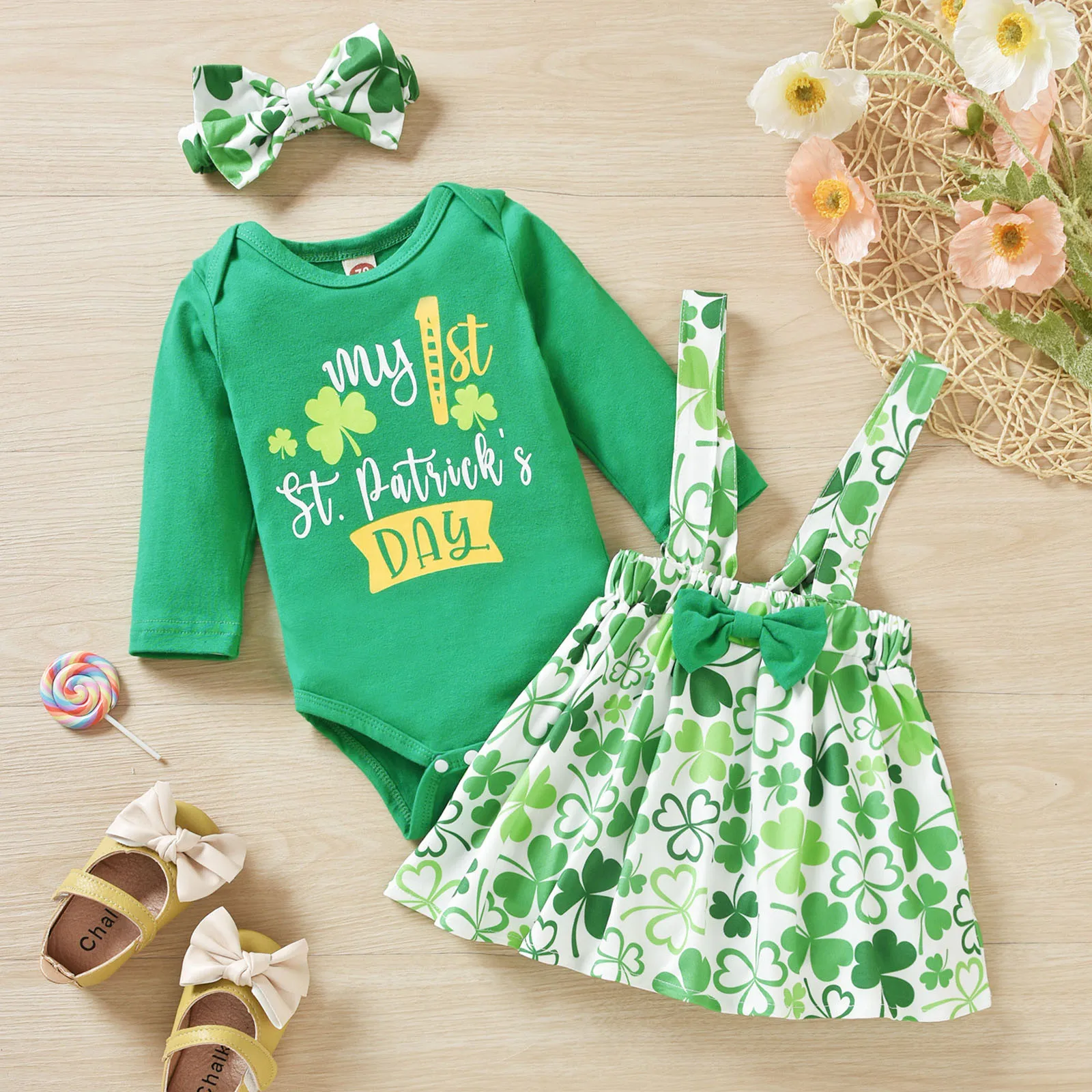 

3pcs St.Patrick's Day Outfits Suit Baby Girls Spring Clothing Set Print Romper +Skirt +Headband Infant Outfit Girl Clothes 0-12M