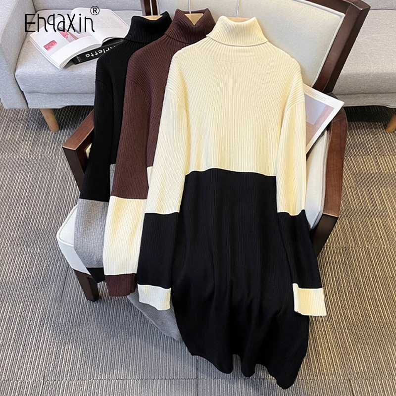 Купи EHQAXIN Women's High Neck Knitted Dress 2022 New Winter Fashion Color Contrast Splice Long Thickened Warm Sweater Dresses L-4XL за 2,135 рублей в магазине AliExpress