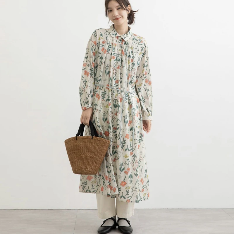 

Johnature Autumn New Japanese Printed Cotton Dresses For Women Vintage Lapel Long Sleeve Casual Lace-up Loose Shirt Dresses 2023