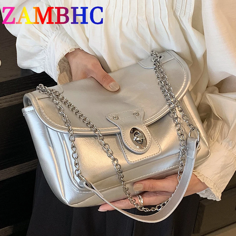 

2 Pockets Women's Commute Handbags and Purses Fashion Chain Shoulder Crossbody Bags Trend Sliver PU Leather Lady Flap Bag Luxury