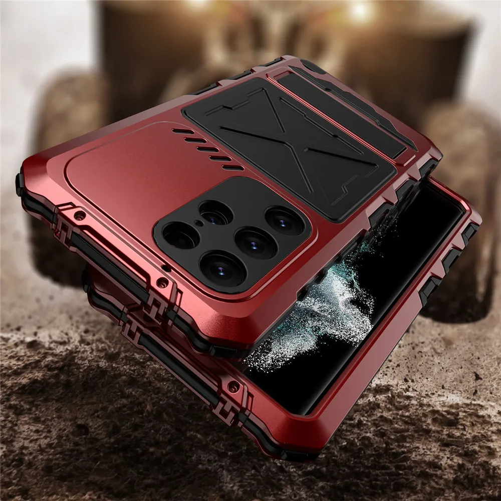 R-just Grade Anti-fall Armor Case For Samsung Galaxy S23 Ultra Shockproof Build-in Kickstand 360 Protection Glass