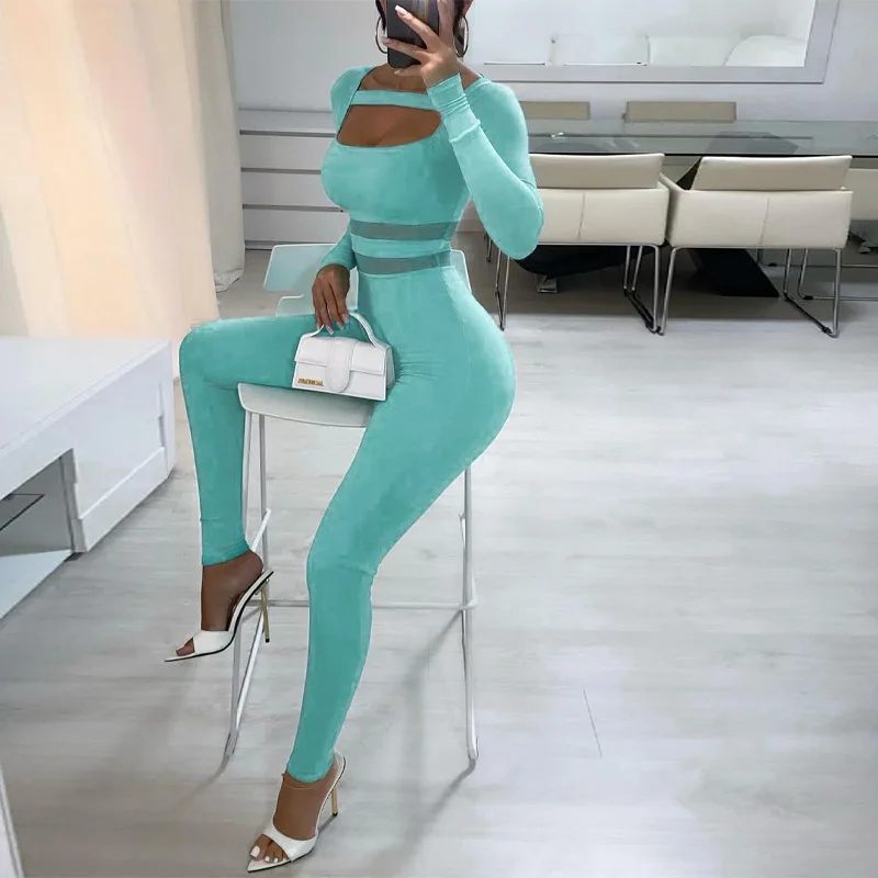 

Blue Sexy Lady Autumn Jumpsuits 2022 Casual Bodycon Women Rompers Long Sleeve Hollow Out Club Overalls Fashion Femme G3190