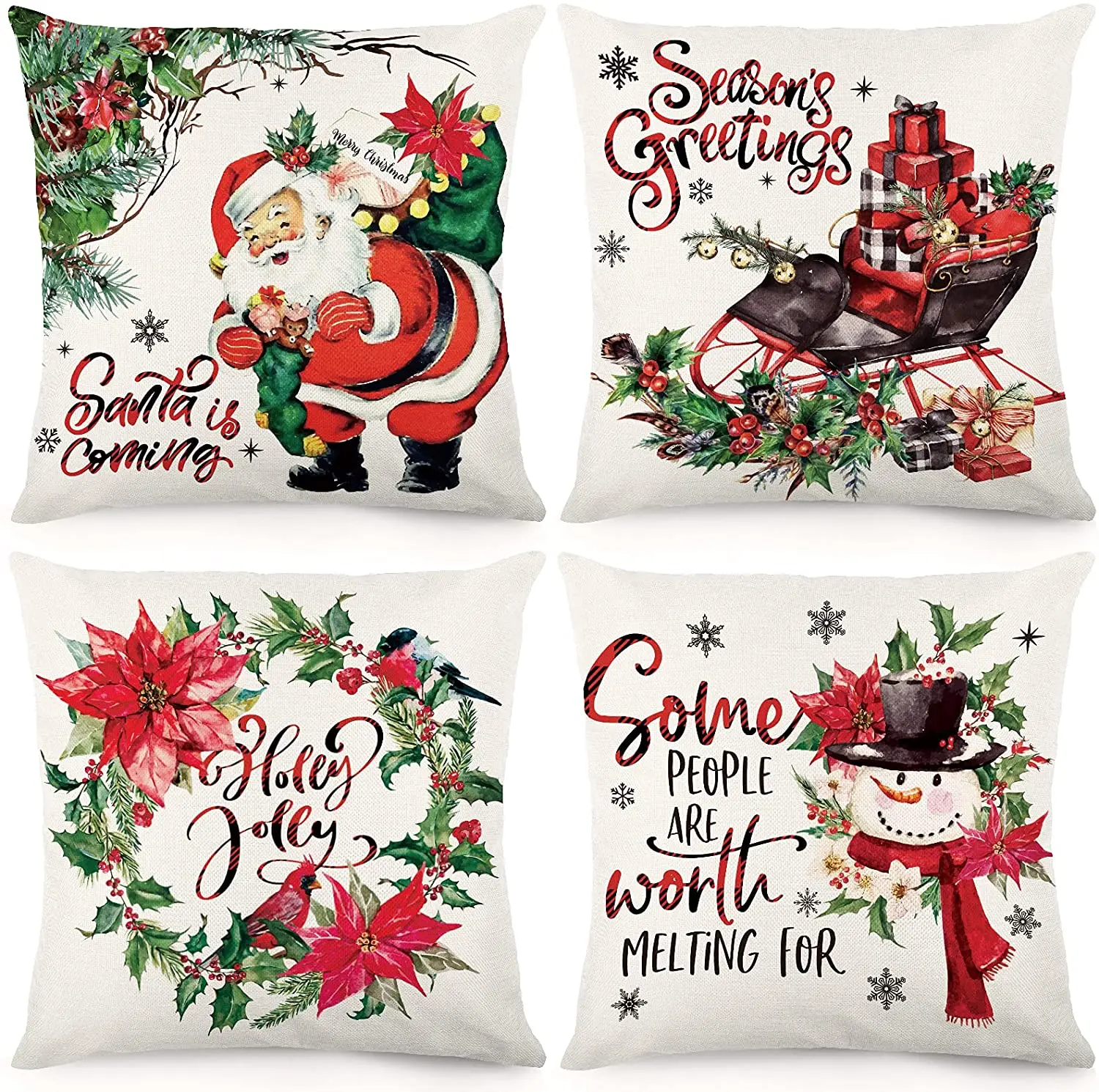 Christmas Pillow Covers 45x45cm Vintage Farmhouse Holiday Couch Home Decorations Throw cushion Pillow Covers for Sofa Set of 4