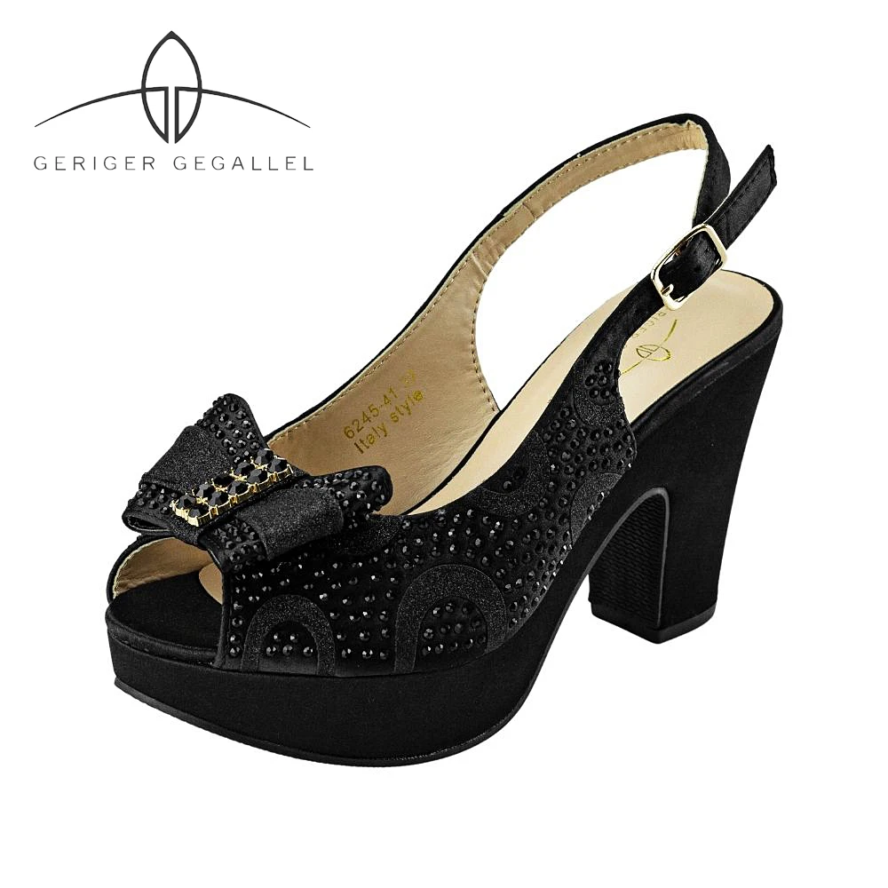 Solid Black Shiny Platform Sandals High Heels 10CM Women Platform Shoes Slingbacks Rhinestone Wedding Pumps Heel Sexy Party Shoe