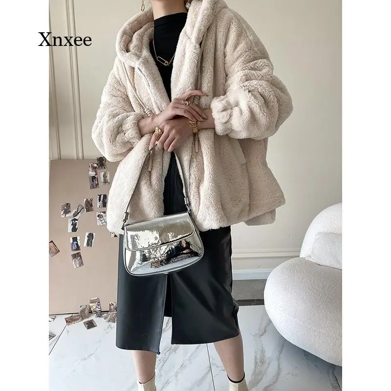 

Loose Hooded Jacket Women All-Match Blouse Women's Coat Cute Loose Thickened Warm Zipper Cardigan Winter New Solid Outwear Tops