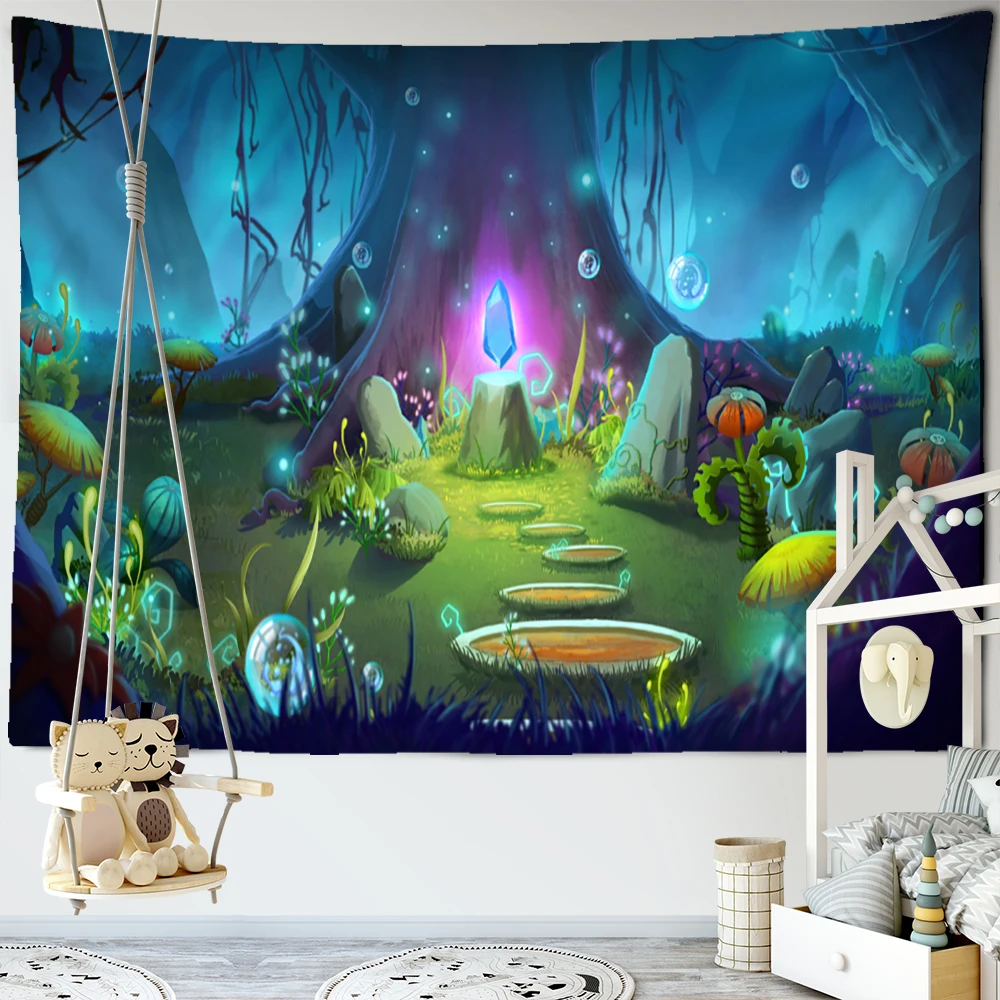 

Cartoon Psychedelic Forest Tapestry Wall Hanging Boho Tapiz Kawaii Art Aesthetic Room Home Dorm Decor