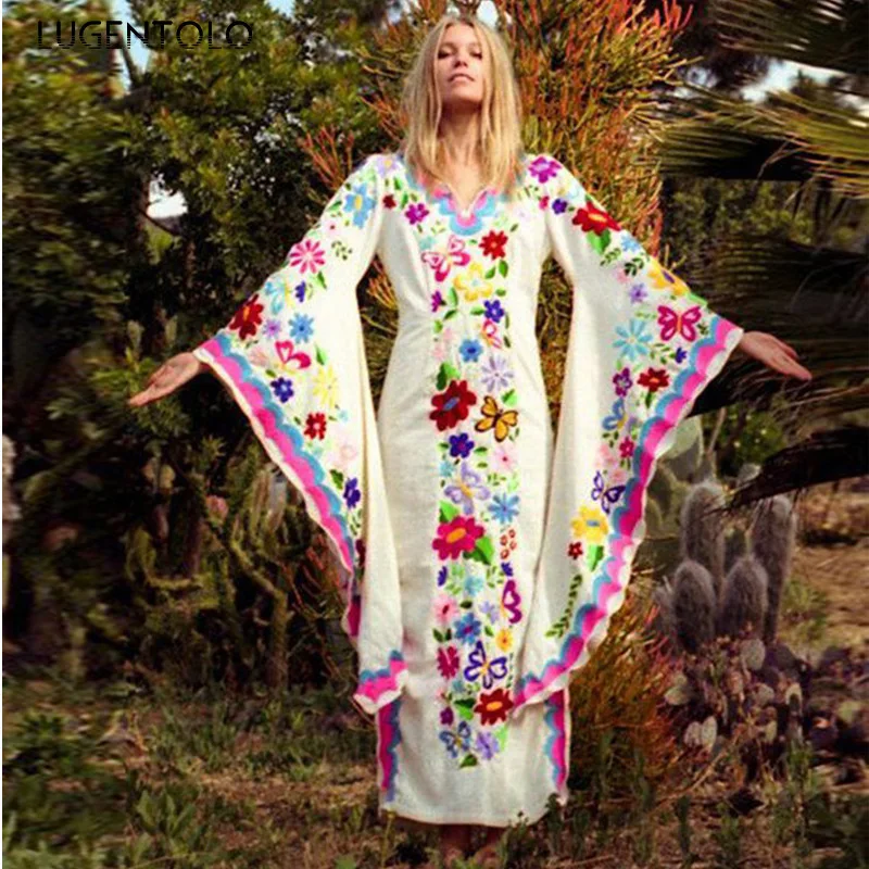 

Женское богемное платье с длинным рукавом и V-образным вырезом