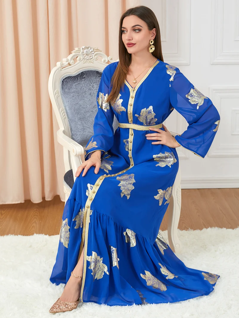Muslim Abaya Dress Dubai Button Tape Trim Belted Kaftan Split Hem Long Dress Print Fall 2022 Turkey Arabic Oman Moroccan Caftan